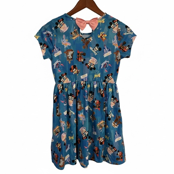 Disney Parks Joey Chou Dress L Blue Mickey Minnie Stitch Castle Pink Bow EUC - Picture 2 of 6